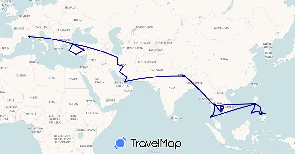 TravelMap itinerary: driving in United Arab Emirates, France, Iran, Cambodia, Nepal, Philippines, Thailand, Turkey (Asia, Europe)