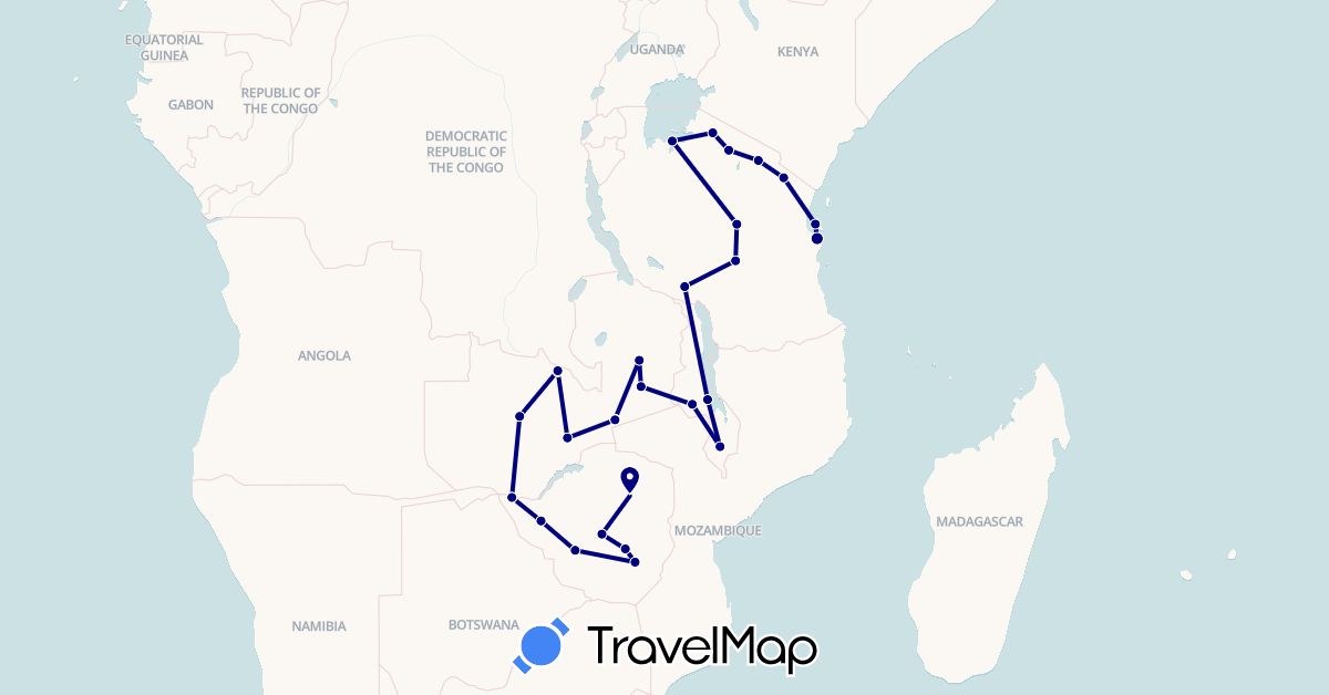TravelMap itinerary: driving in Malawi, Tanzania, Zambia, Zimbabwe (Africa)